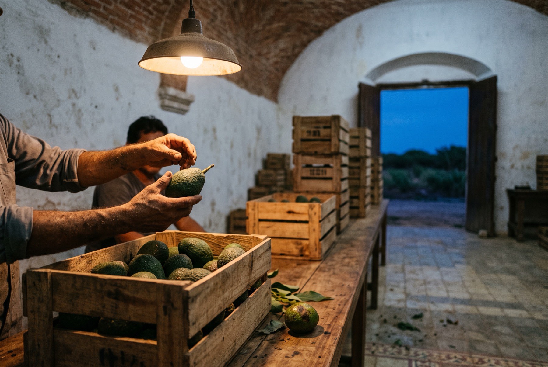 Dos hombres revisan aguacate pieza por pieza sobre una mesa larga de madera, bajo una lámpara industrial, en una bodega de bóveda de ladrillo abierta al campo al anochecer