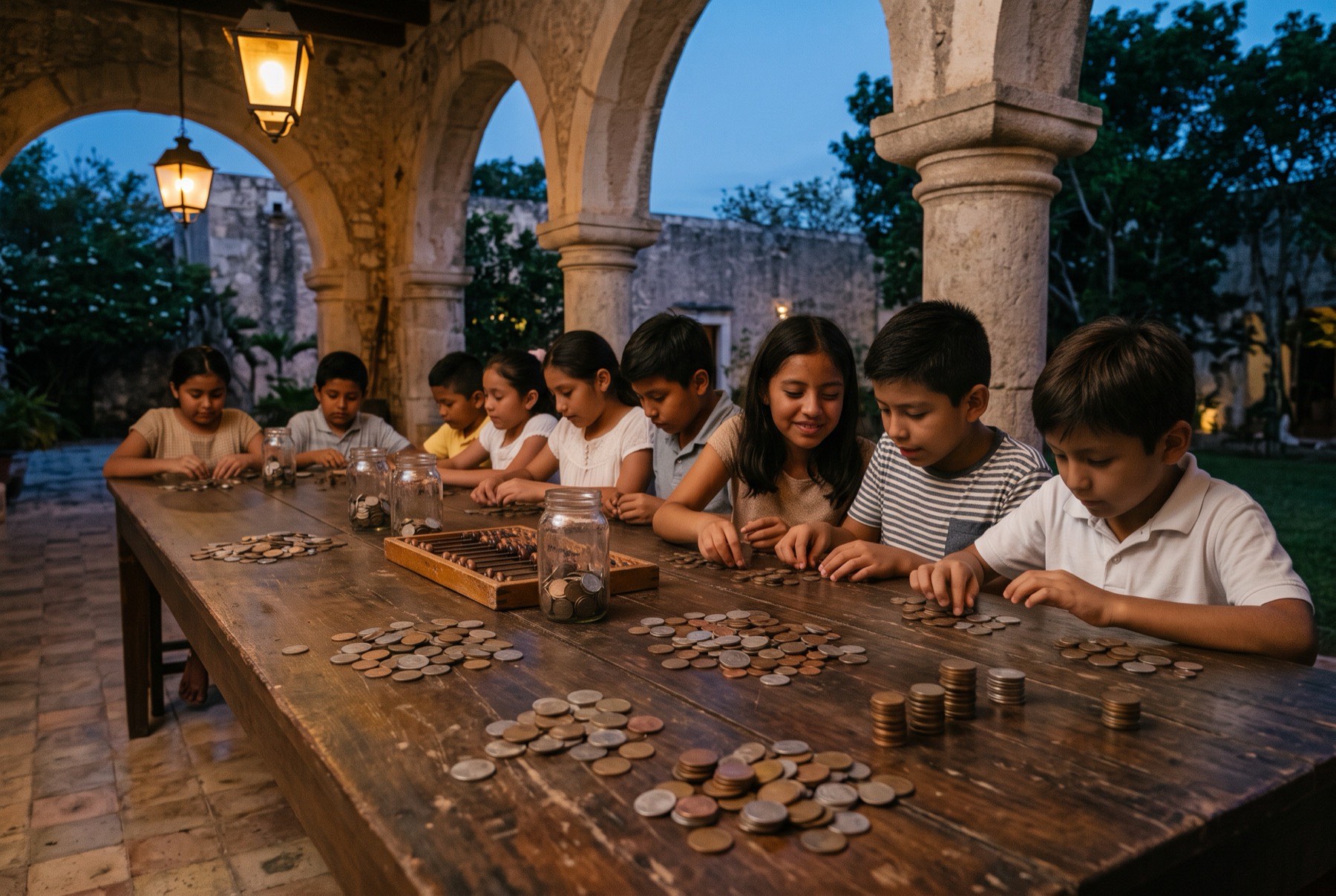 Niños contando monedas sobre una mesa larga en un patio