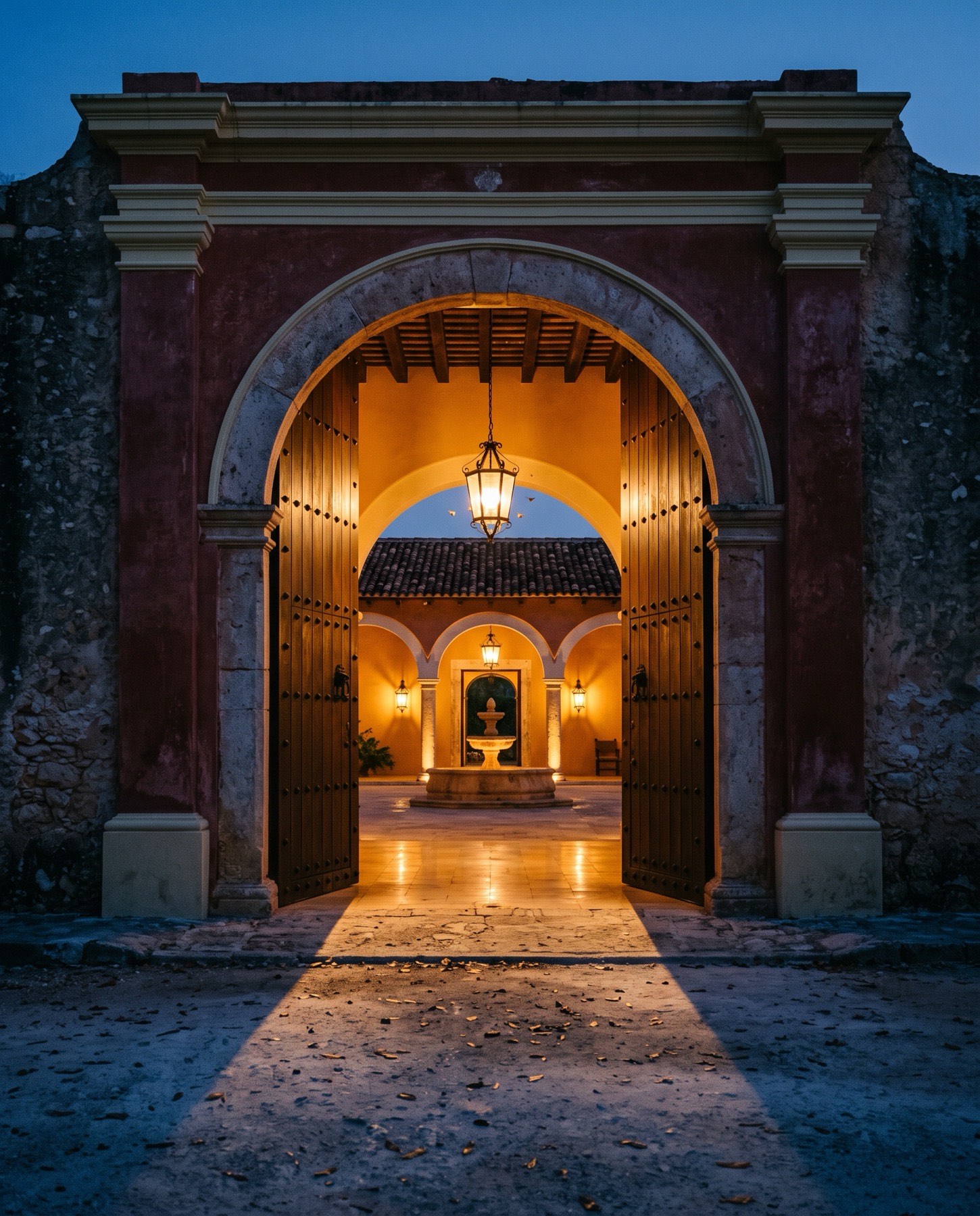 Zaguán de hacienda iluminado al anochecer