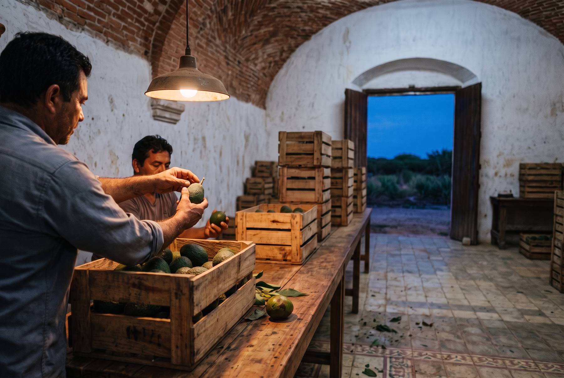Dos hombres revisan aguacate pieza por pieza sobre una mesa larga de madera, bajo una lámpara industrial, en una bodega de bóveda de ladrillo abierta al campo al anochecer