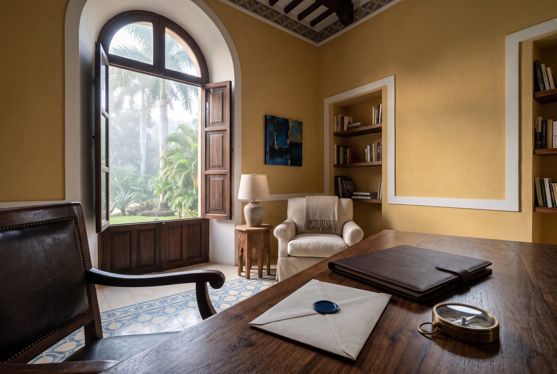 Sobre lacrado, carpeta de piel y brújula de latón sobre un escritorio, frente a una ventana abierta a un jardín de palmas entre la neblina