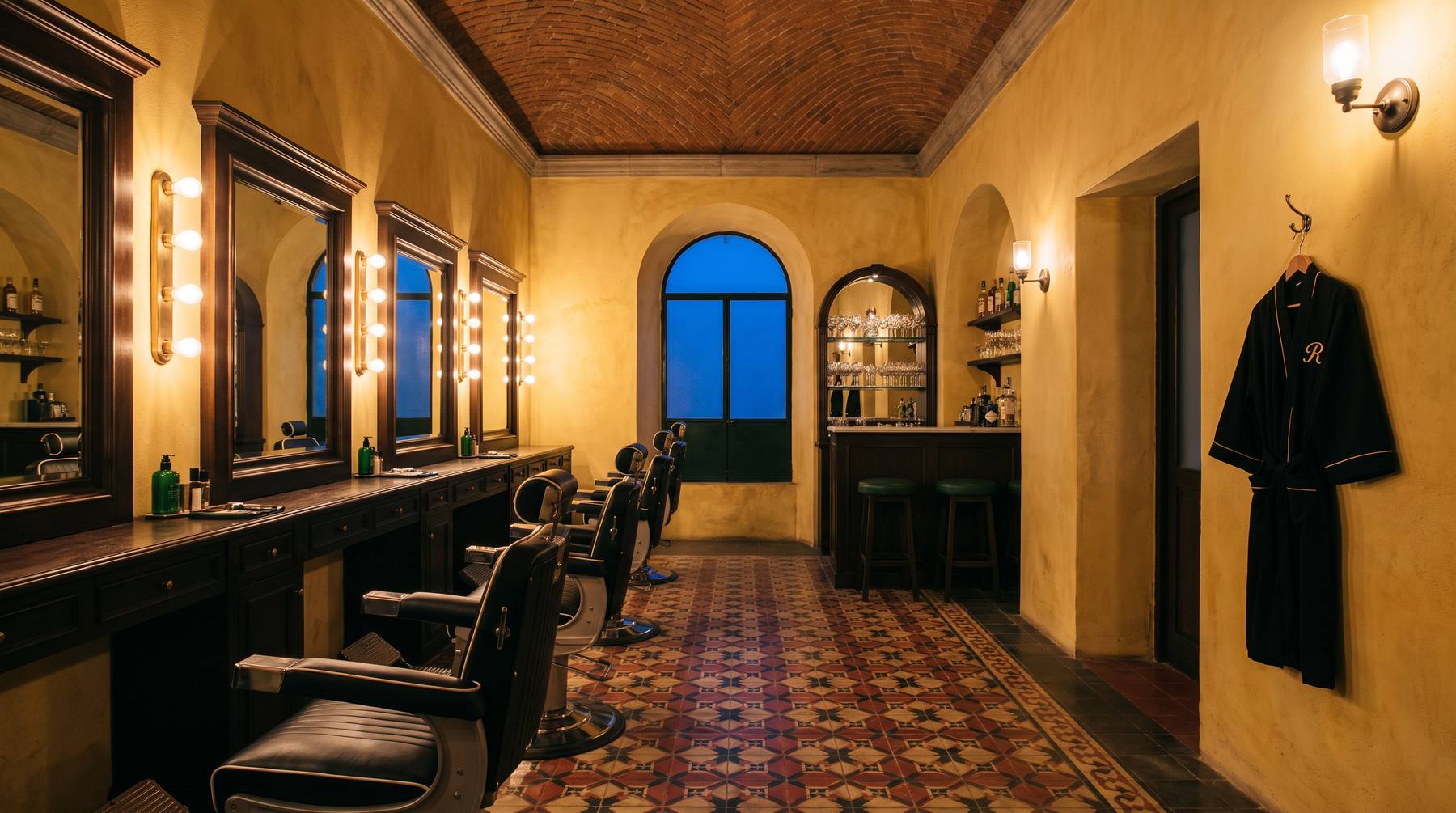 Interior de Recinto: sillones de barbero alineados frente a espejos iluminados bajo una bóveda de ladrillo, sobre piso de pasta, con la barra al fondo y una bata negra con la inicial bordada