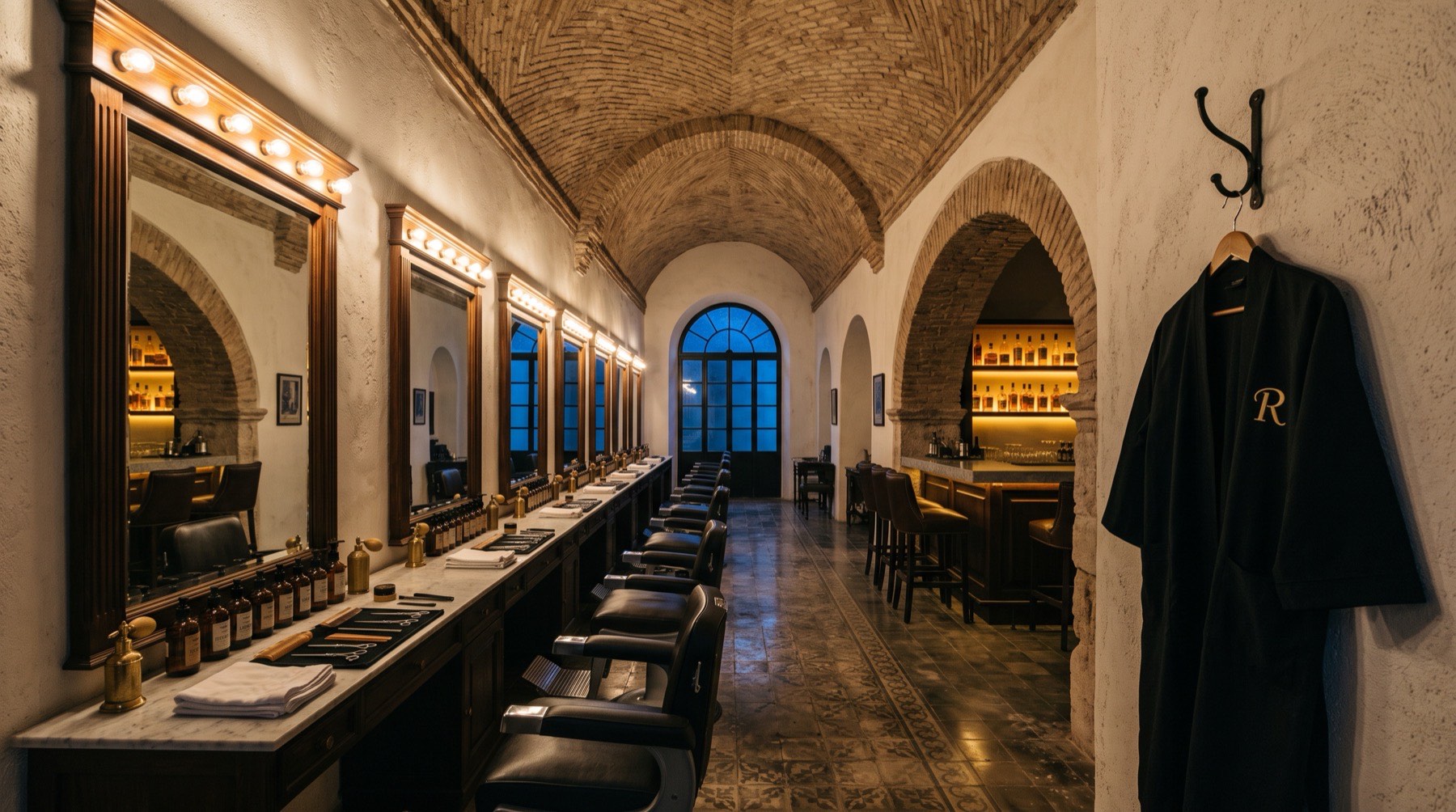 Interior de Recinto: sillones de barbero alineados frente a espejos iluminados bajo una bóveda de ladrillo, con la barra al fondo y una bata negra con la inicial bordada