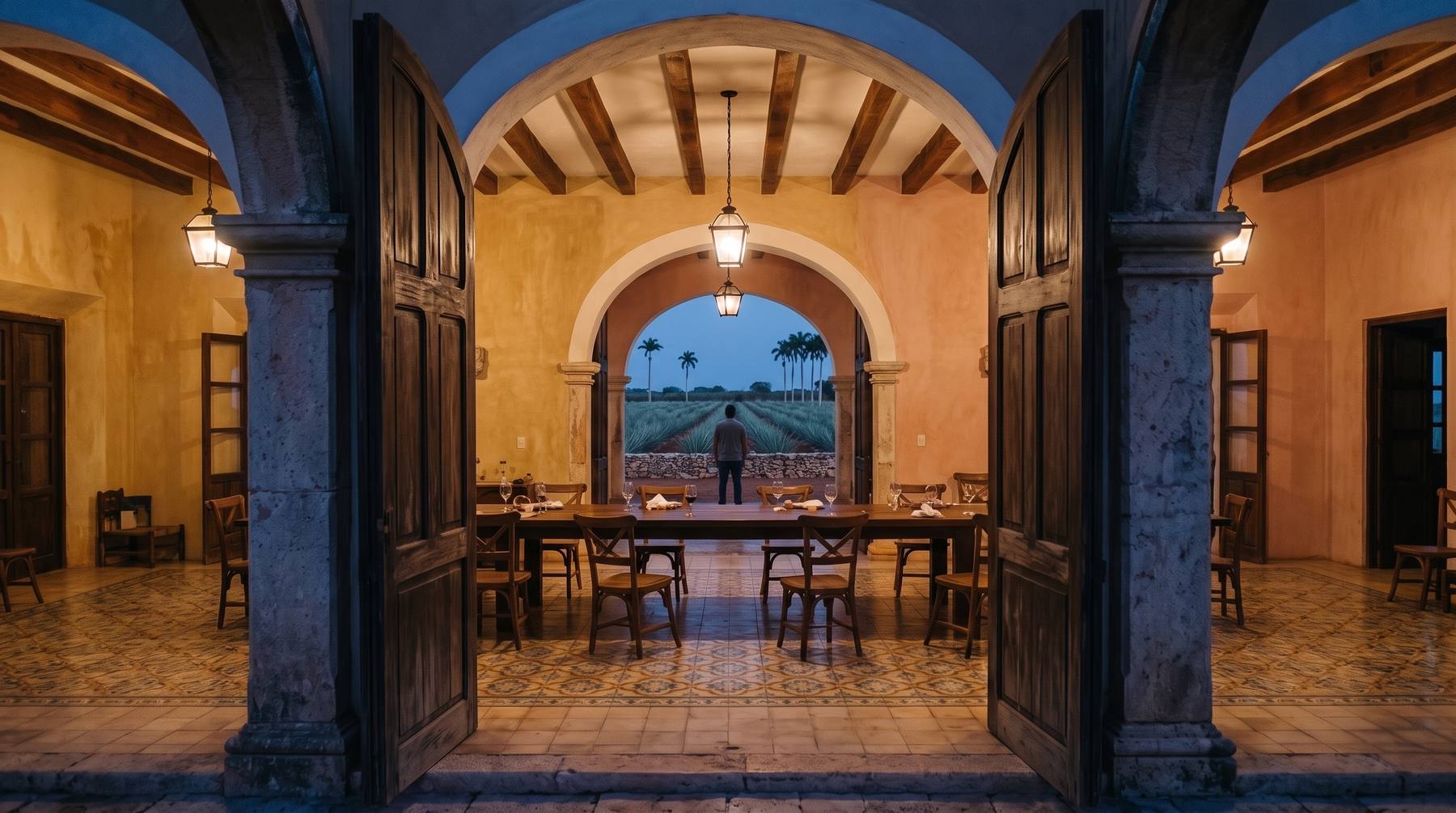 Salón de una hacienda con una mesa larga bajo faroles; al fondo, un hombre mira un henequenal al anochecer