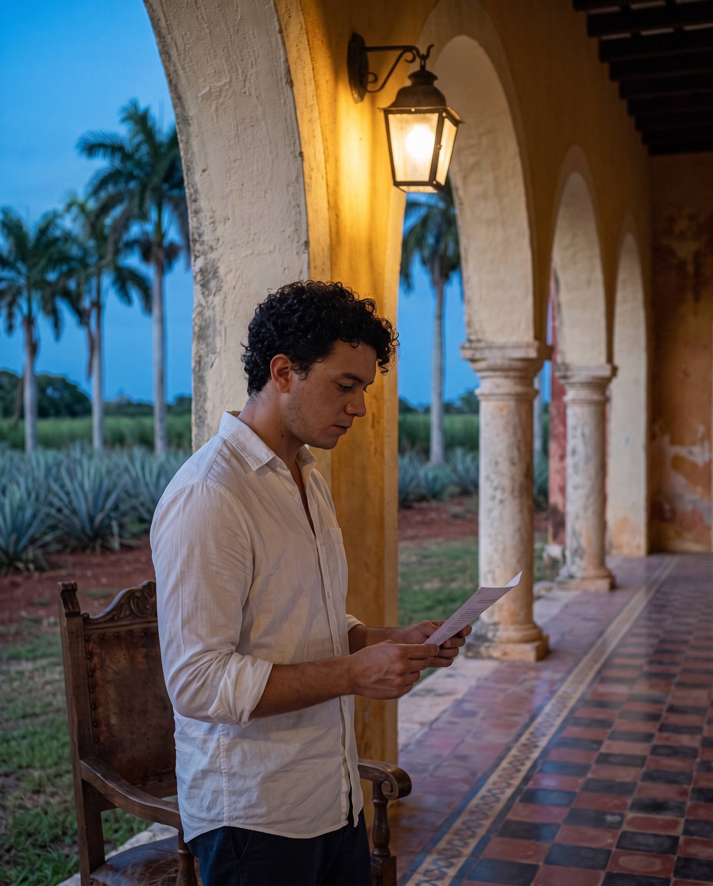 Luis Miguel Montaño lee un documento en el corredor de arcos de una hacienda yucateca; al fondo, un henequenal y palmeras al anochecer